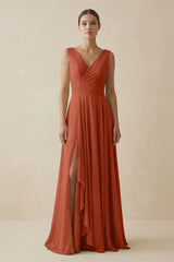V - Neck A - Line Chiffon Ruffled Bridesmaid Dress in Spice - KISS BRIDAL Bridesmaid Dresses