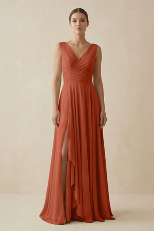 V - Neck A - Line Chiffon Ruffled Bridesmaid Dress in Spice - SHE IS ME Bridesmaid Dresses