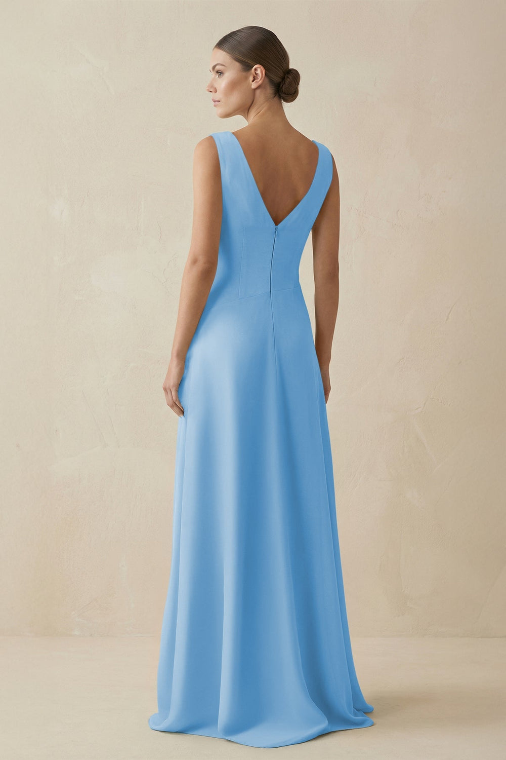 V - Neck A - Line Chiffon Ruffled Bridesmaid Dress in Steel Blue - KISS BRIDAL Bridesmaid Dresses