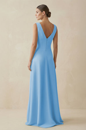 V - Neck A - Line Chiffon Ruffled Bridesmaid Dress in Steel Blue - KISS BRIDAL Bridesmaid Dresses