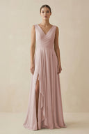 V - Neck A - Line Chiffon Ruffled Bridesmaid Dress in Toffee - KISS BRIDAL Bridesmaid Dresses
