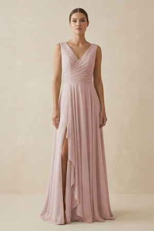 V - Neck A - Line Chiffon Ruffled Bridesmaid Dress in Toffee - KISS BRIDAL Bridesmaid Dresses