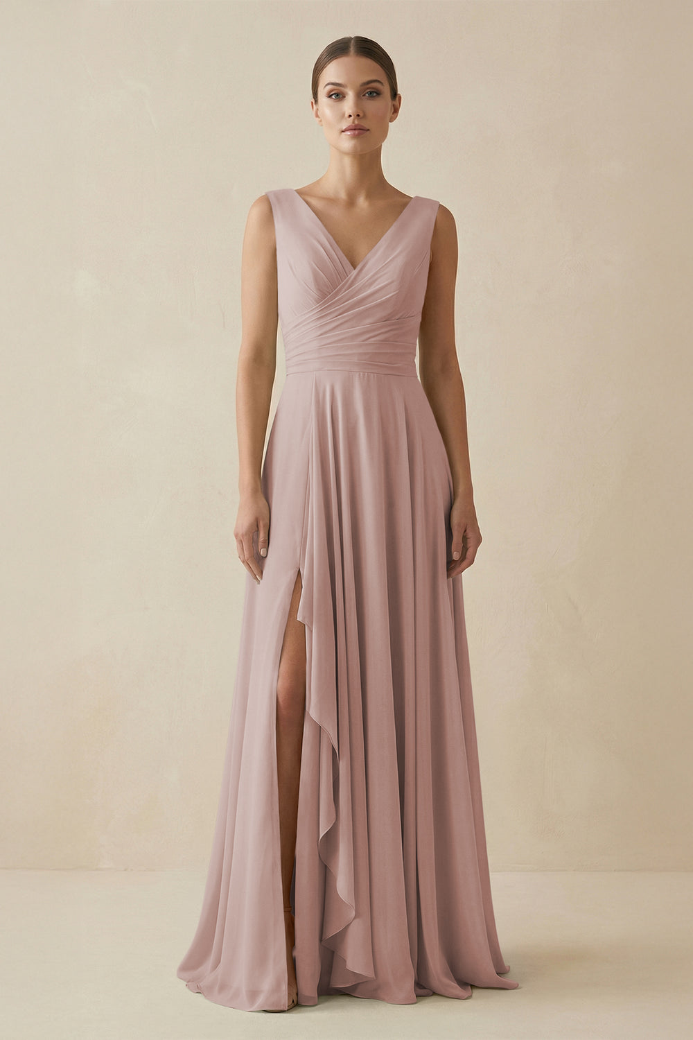 V-Neck A-Line Chiffon Ruffled Bridesmaid Dress in Toffee