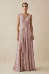 V-Neck A-Line Chiffon Ruffled Bridesmaid Dress in Toffee | KISSBRIDAL