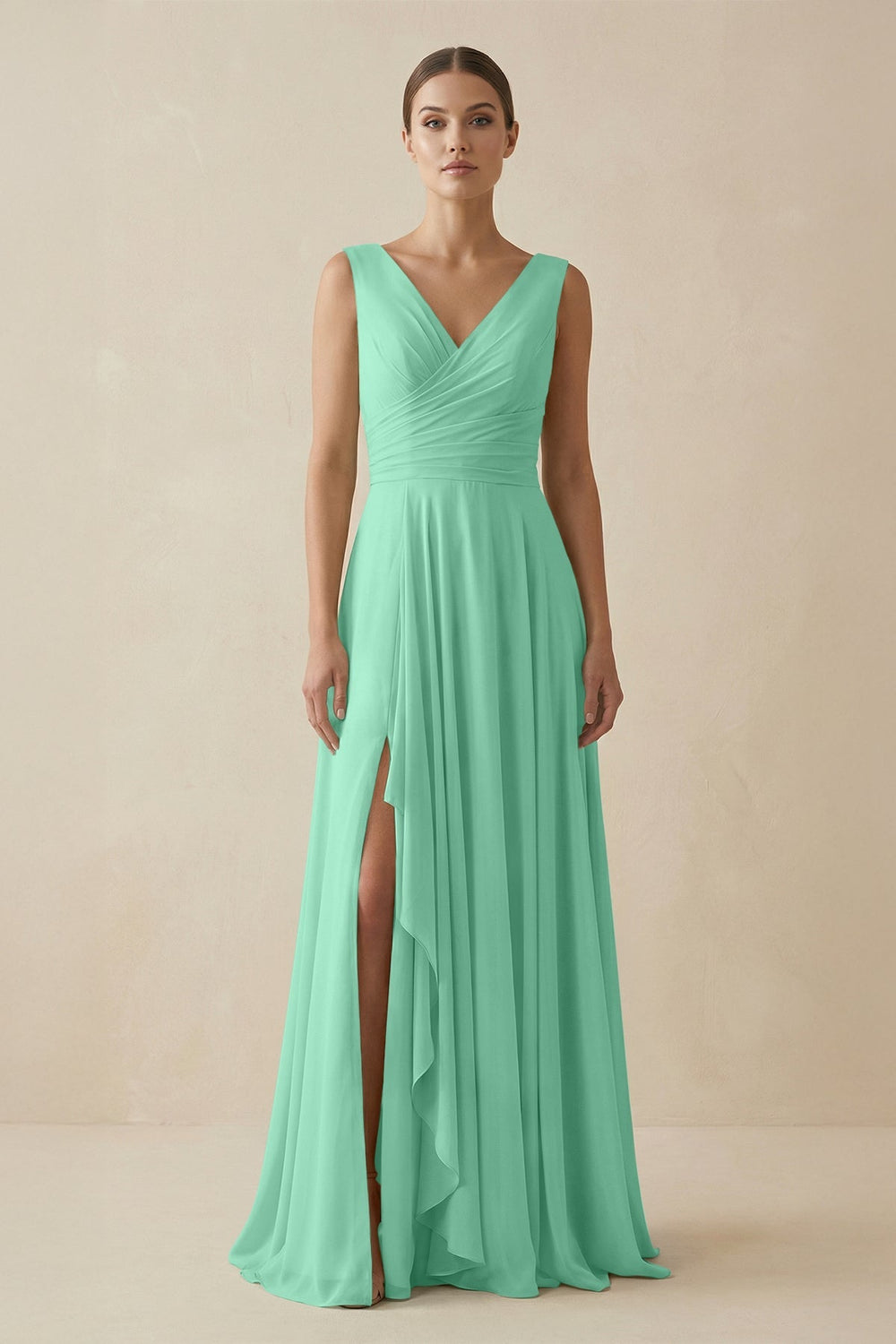 V - Neck A - Line Chiffon Ruffled Bridesmaid Dress in Turquoise - KISS BRIDAL Bridesmaid Dresses