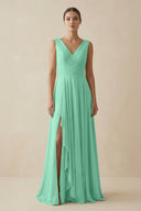 V - Neck A - Line Chiffon Ruffled Bridesmaid Dress in Turquoise - KISS BRIDAL Bridesmaid Dresses