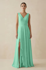 V - Neck A - Line Chiffon Ruffled Bridesmaid Dress in Turquoise - KISS BRIDAL Bridesmaid Dresses