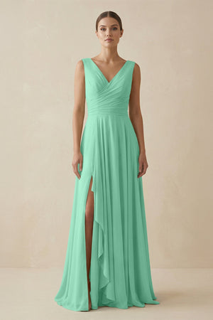 V - Neck A - Line Chiffon Ruffled Bridesmaid Dress in Turquoise - KISS BRIDAL Bridesmaid Dresses