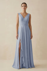 V - Neck A - Line Chiffon Ruffled Bridesmaid Dress in Twilight - KISS BRIDAL Bridesmaid Dresses