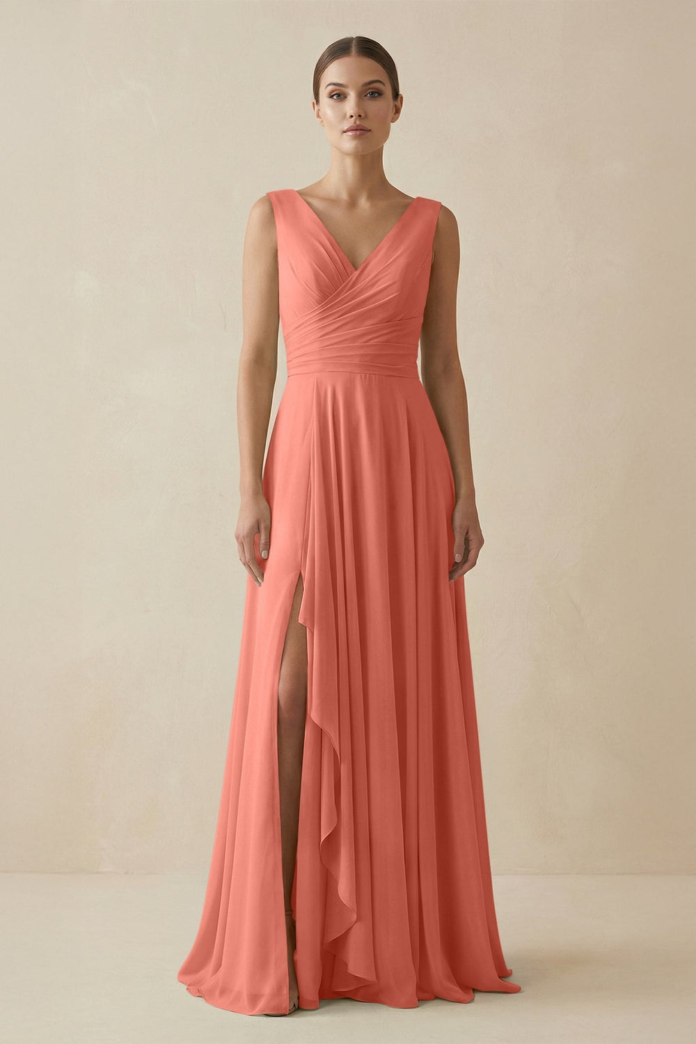 V - Neck A - Line Chiffon Ruffled Bridesmaid Dress in Wild Rose - SHE IS ME Bridesmaid Dresses