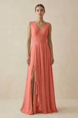 V - Neck A - Line Chiffon Ruffled Bridesmaid Dress in Wild Rose - KISS BRIDAL Bridesmaid Dresses