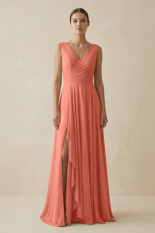 V - Neck A - Line Chiffon Ruffled Bridesmaid Dress in Wild Rose - SHE IS ME Bridesmaid Dresses