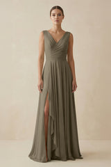 V - Neck A - Line Chiffon Ruffled Bridesmaid Dress in Willow Green - KISS BRIDAL Bridesmaid Dresses