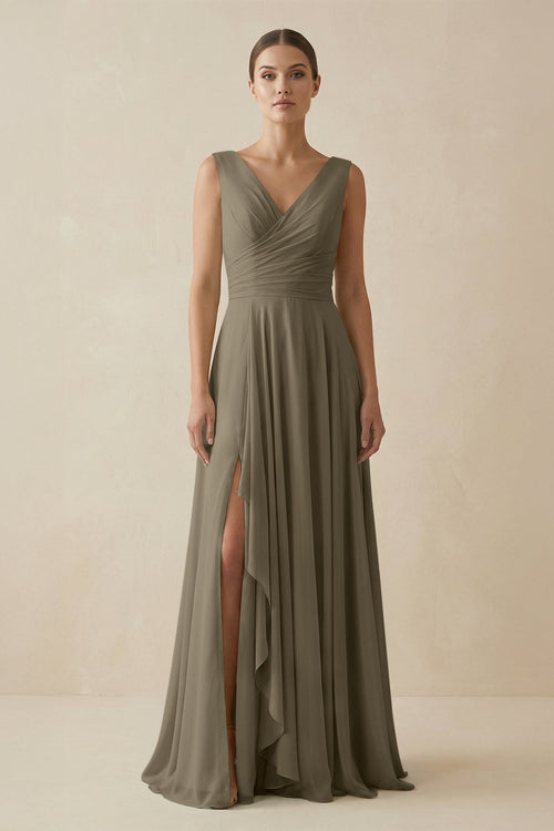 V - Neck A - Line Chiffon Ruffled Bridesmaid Dress in Willow Green - SHE IS ME Bridesmaid Dresses