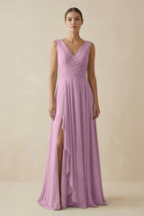 V - Neck A - Line Chiffon Ruffled Bridesmaid Dress in Wisteria - KISS BRIDAL Bridesmaid Dresses