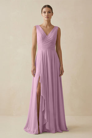V - Neck A - Line Chiffon Ruffled Bridesmaid Dress in Wisteria - SHE IS ME Bridesmaid Dresses