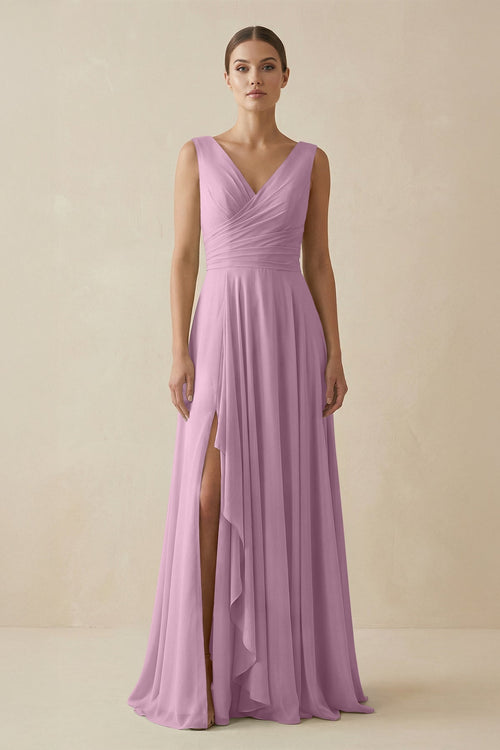 V - Neck A - Line Chiffon Ruffled Bridesmaid Dress in Wisteria - SHE IS ME Bridesmaid Dresses