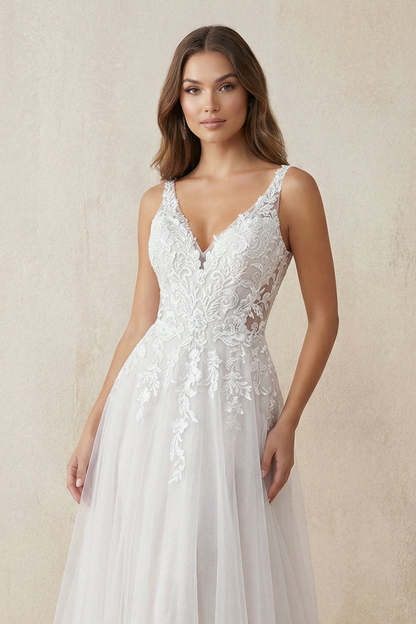 V - Neck A - Line Lace Tulle Wedding Dress in Ivory - SHE IS ME Wedding Dresses