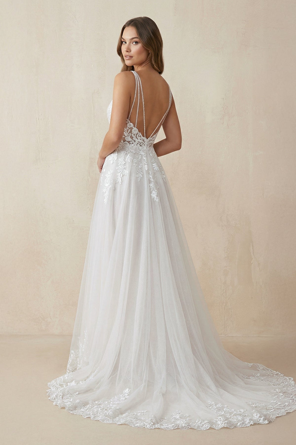 V - Neck A - Line Lace Tulle Wedding Dress in Ivory - SHE IS ME Wedding Dresses