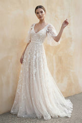 V Neck A Line Lace Wedding Dress in White and Nude - KISS BRIDAL Wedding Dresses