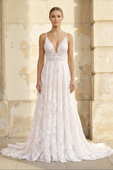 V Neck A Line Lace Wedding Dress in White and Nude - KISS BRIDAL Wedding Dresses