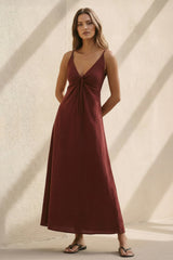 V Neck A - Line Maxi Dress in Burgundy - KISSBRIDAL