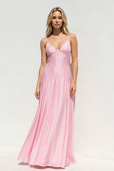 V Neck A Line Maxi Dress in Pink - KISS BRIDAL