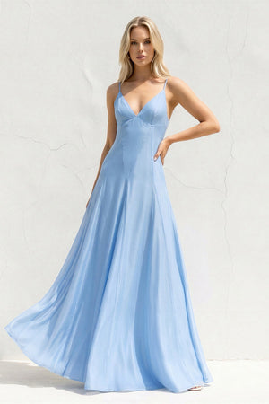 V Neck A Line Maxi Dress in Sky Blue - SHE IS ME
