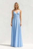 V Neck A Line Maxi Dress in Sky Blue - KISS BRIDAL
