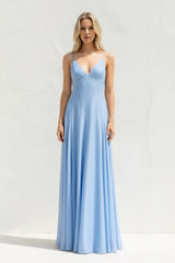 V Neck A Line Maxi Dress in Sky Blue - KISS BRIDAL