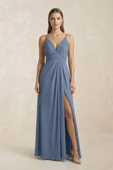 V-Neck A-Line Pleated Chiffon Bridesmaid Dress in Neptune - KISS BRIDAL BRIDESMAID DRESSES