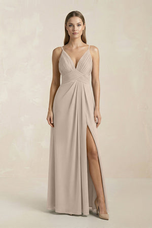 V - Neck A - Line Pleated Chiffon Bridesmaid Dress in Almond - SHE IS ME Bridesmaid Dresses