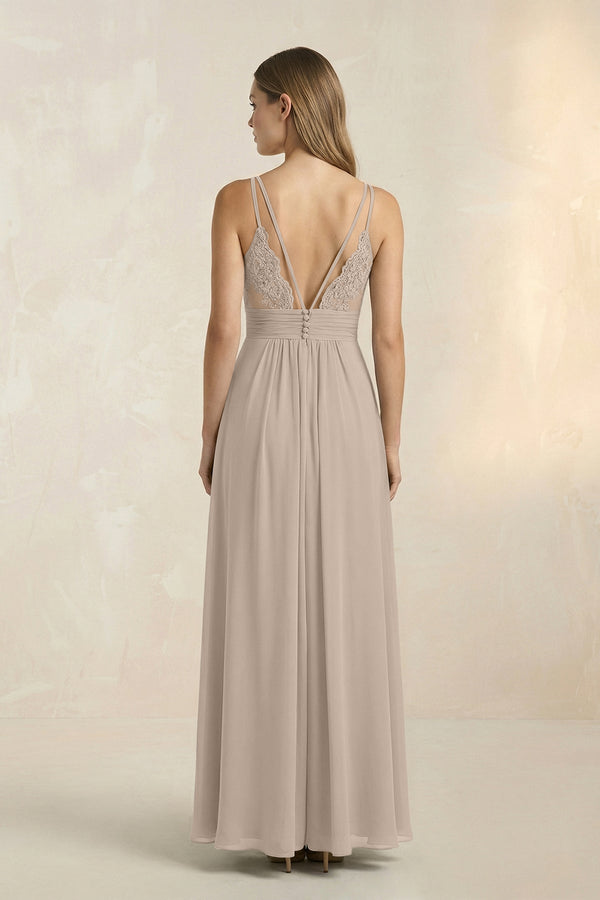 V - Neck A - Line Pleated Chiffon Bridesmaid Dress in Almond - SHE IS ME Bridesmaid Dresses