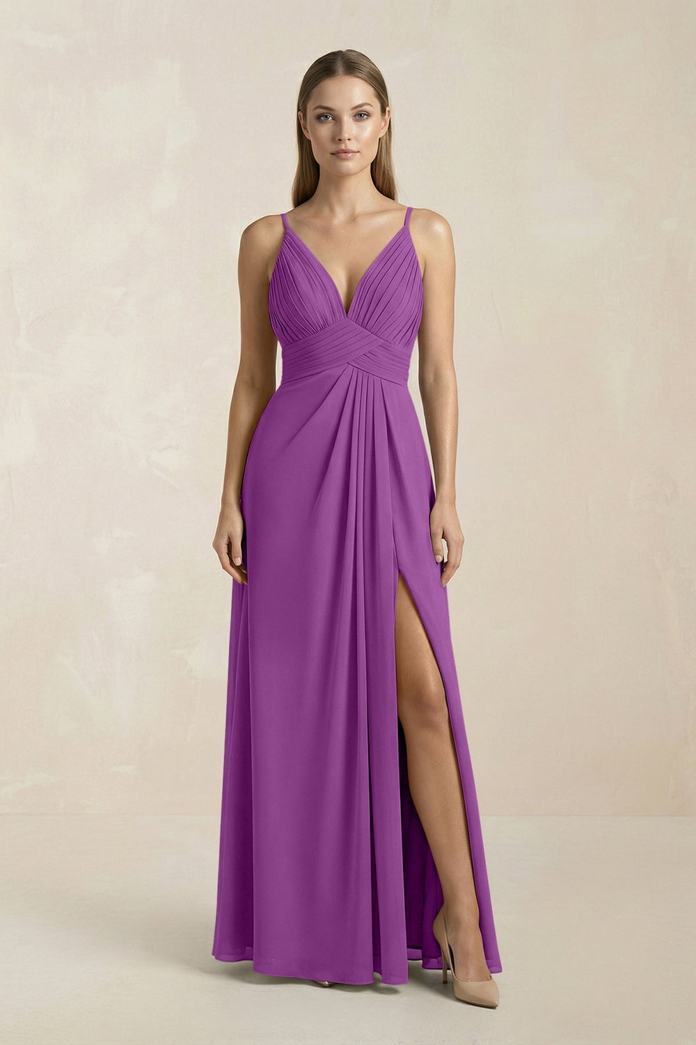 V - Neck A - Line Pleated Chiffon Bridesmaid Dress in Amethyst - KISS BRIDAL Bridesmaid Dresses