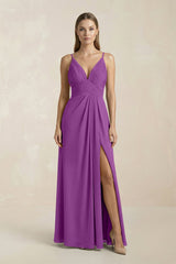 V - Neck A - Line Pleated Chiffon Bridesmaid Dress in Amethyst - KISS BRIDAL Bridesmaid Dresses