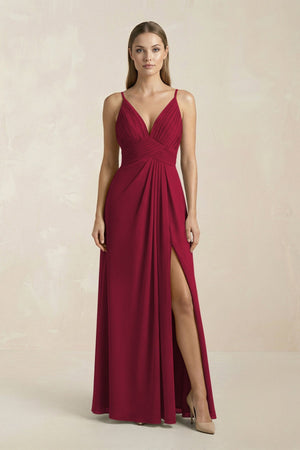 V - Neck A - Line Pleated Chiffon Bridesmaid Dress in Berry - SHE IS ME Bridesmaid Dresses