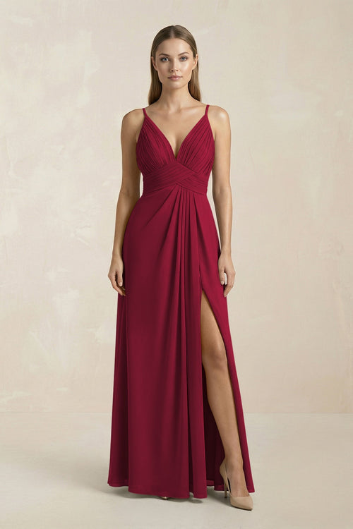 V - Neck A - Line Pleated Chiffon Bridesmaid Dress in Berry - SHE IS ME Bridesmaid Dresses