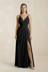 V - Neck A - Line Pleated Chiffon Bridesmaid Dress in Black - KISS BRIDAL Bridesmaid Dresses