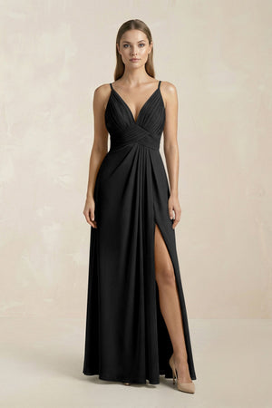 V - Neck A - Line Pleated Chiffon Bridesmaid Dress in Black - SHE IS ME Bridesmaid Dresses