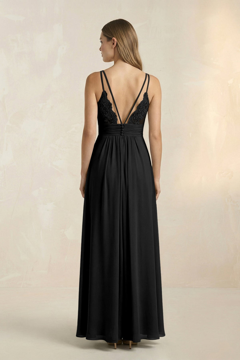 V - Neck A - Line Pleated Chiffon Bridesmaid Dress in Black - KISS BRIDAL Bridesmaid Dresses