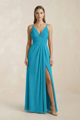 V - Neck A - Line Pleated Chiffon Bridesmaid Dress in Blue Jay - KISS BRIDAL Bridesmaid Dresses