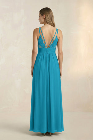 V - Neck A - Line Pleated Chiffon Bridesmaid Dress in Blue Jay - SHE IS ME Bridesmaid Dresses