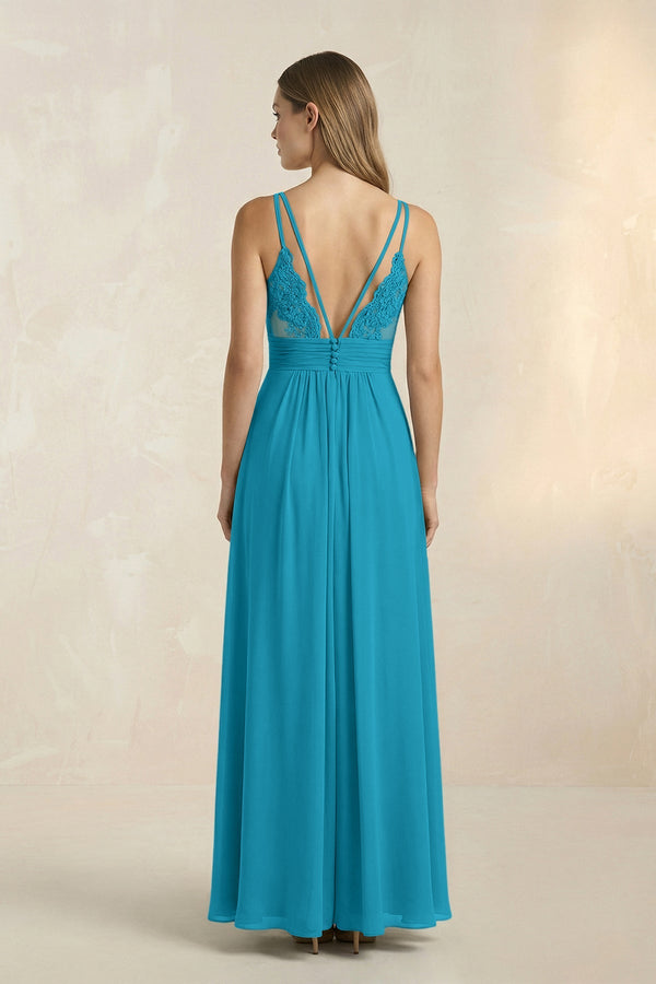 V - Neck A - Line Pleated Chiffon Bridesmaid Dress in Blue Jay - SHE IS ME Bridesmaid Dresses