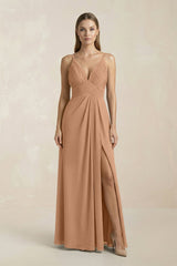 V - Neck A - Line Pleated Chiffon Bridesmaid Dress in Bronzer - KISS BRIDAL Bridesmaid Dresses