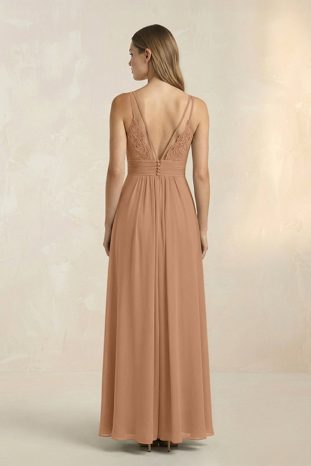 V - Neck A - Line Pleated Chiffon Bridesmaid Dress in Bronzer - KISS BRIDAL Bridesmaid Dresses