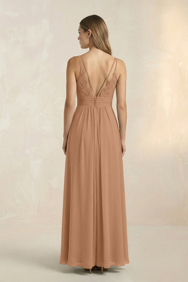 V - Neck A - Line Pleated Chiffon Bridesmaid Dress in Bronzer - SHE IS ME Bridesmaid Dresses