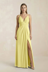 V - Neck A - Line Pleated Chiffon Bridesmaid Dress in Buttercup - KISS BRIDAL Bridesmaid Dresses