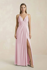 V - Neck A - Line Pleated Chiffon Bridesmaid Dress in Candy Pink - KISS BRIDAL Bridesmaid Dresses