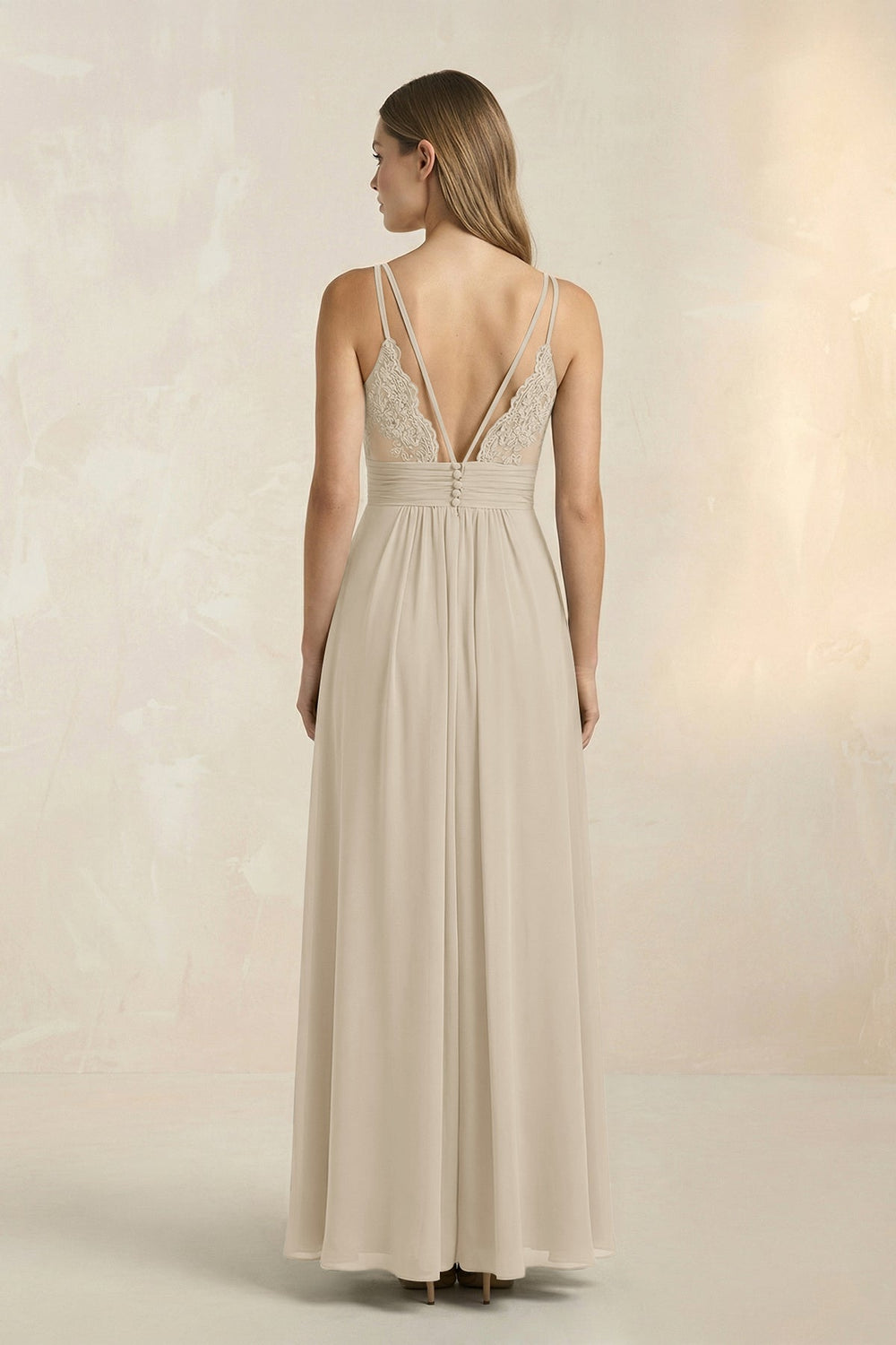 V - Neck A - Line Pleated Chiffon Bridesmaid Dress in Champagne - KISS BRIDAL Bridesmaid Dresses