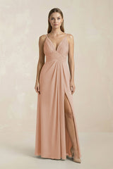 V - Neck A - Line Pleated Chiffon Bridesmaid Dress in Champagne Rose - KISS BRIDAL Bridesmaid Dresses